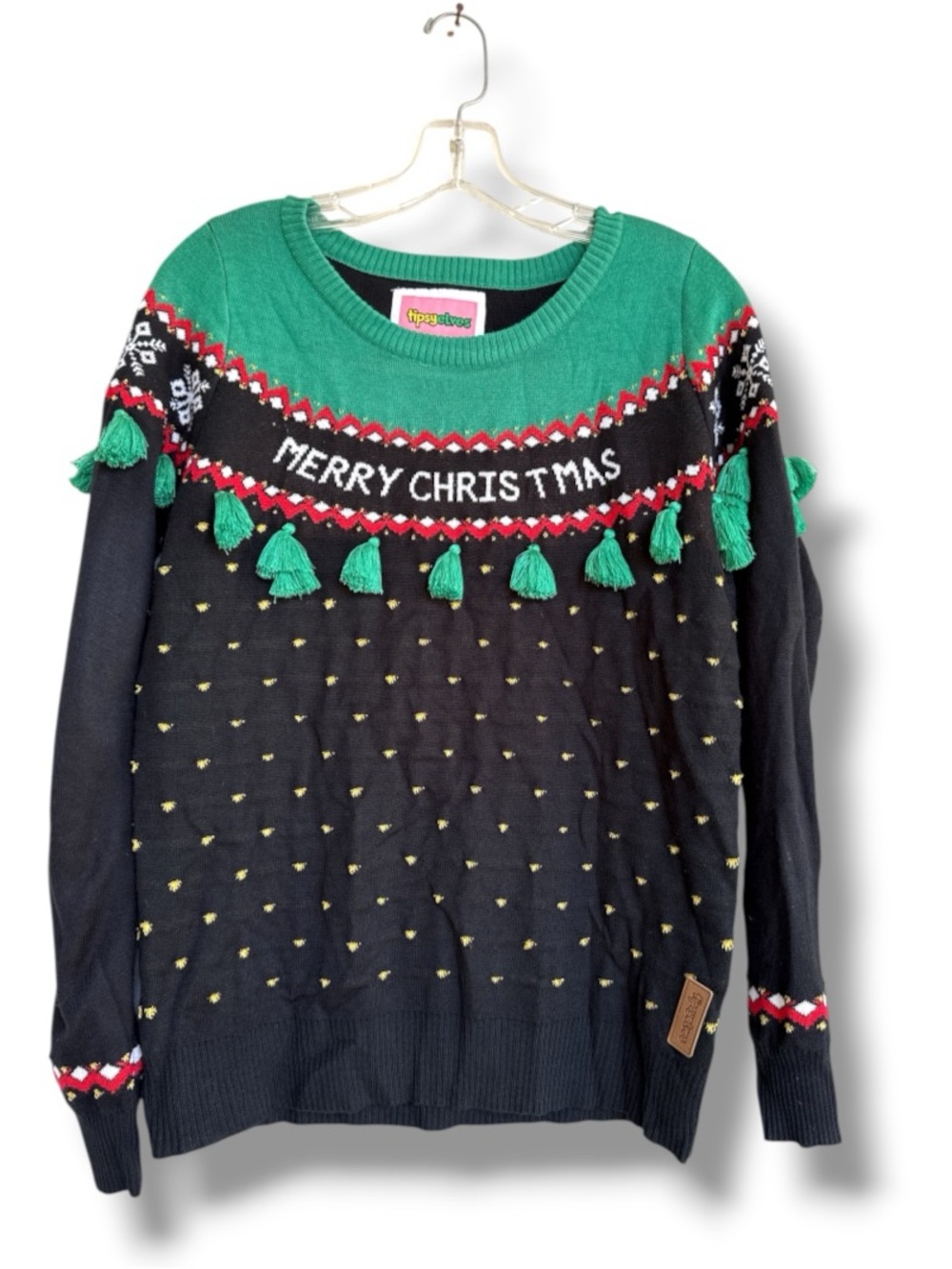 Tipsy Elves "Merry Christmas" Black/Green Tassel Ugly Christmas Sweater Medium